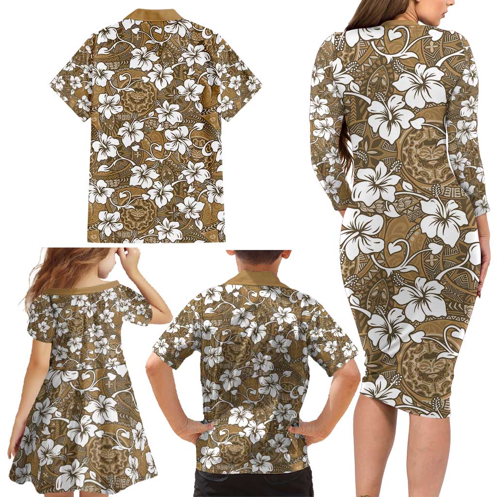 Kuvui Bula Fiji Family Matching Long Sleeve Bodycon Dress and Hawaiian Shirt Fijian Tapa Seamless Hibiscus - Polynesian Pride