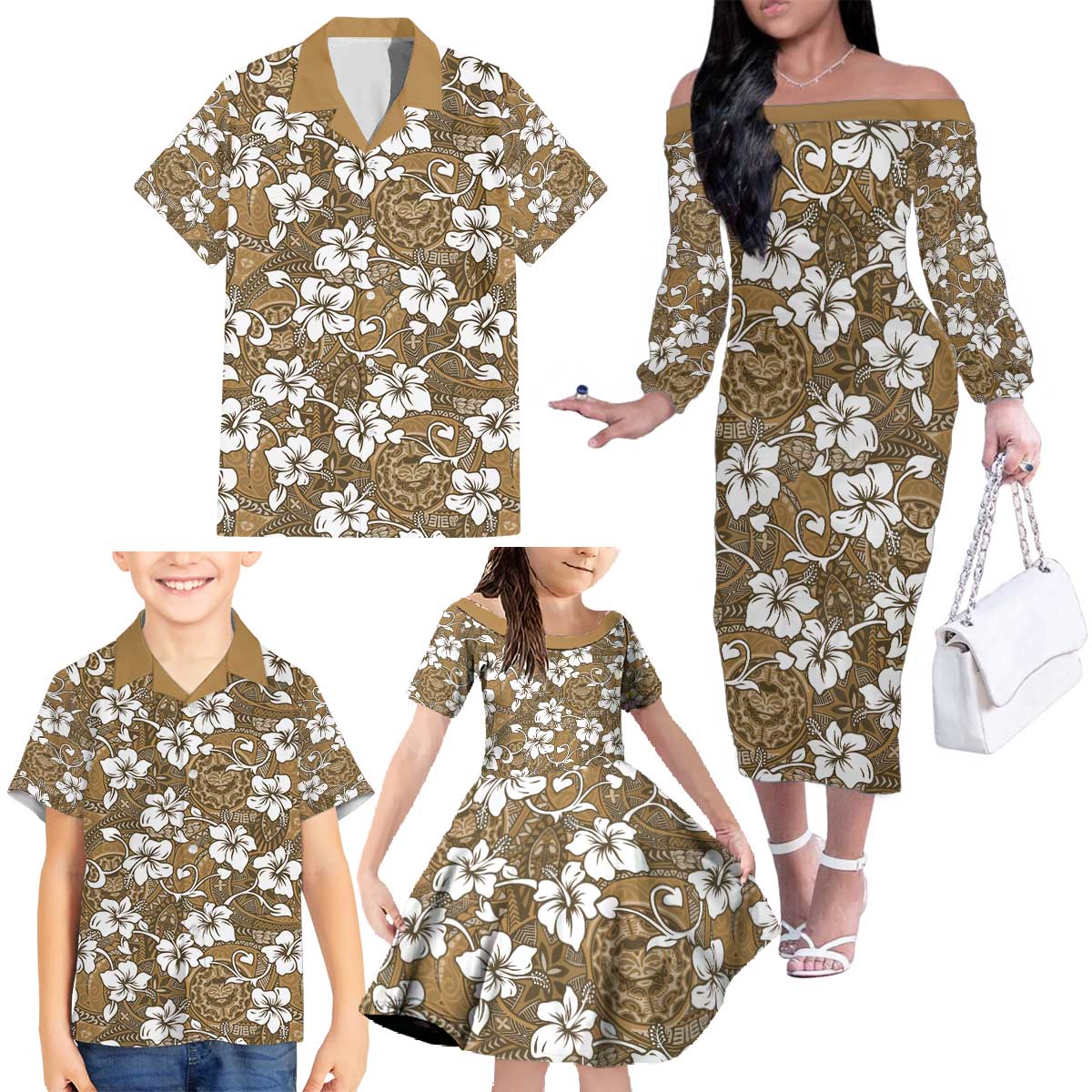 Kuvui Bula Fiji Family Matching Off The Shoulder Long Sleeve Dress and Hawaiian Shirt Fijian Tapa Seamless Hibiscus - Polynesian Pride
