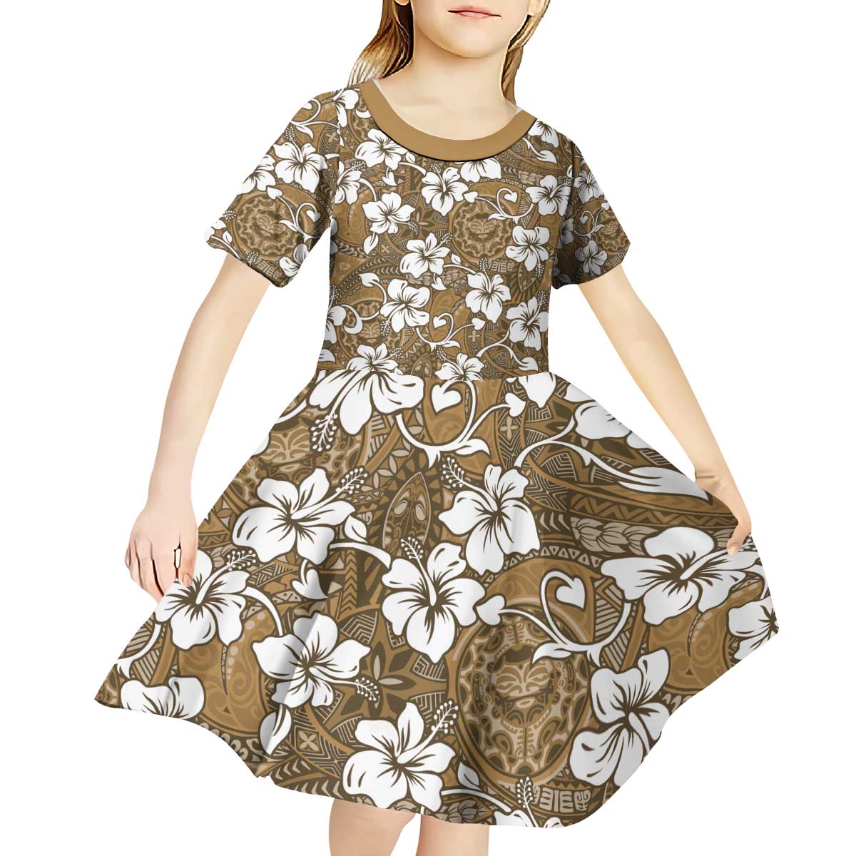 Kuvui Bula Fiji Kid Short Sleeve Dress Fijian Tapa Seamless Hibiscus - Polynesian Pride