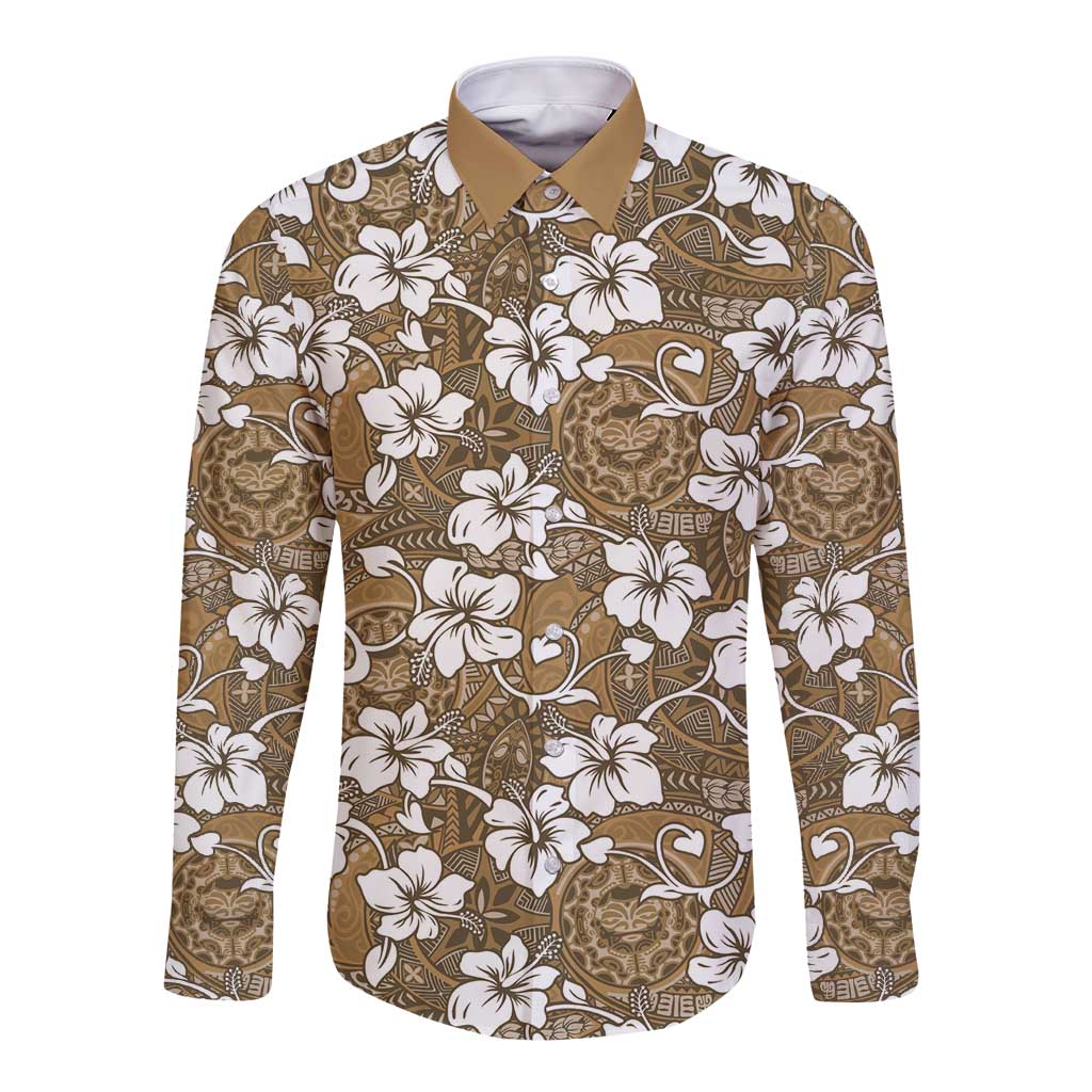 Kuvui Bula Fiji Long Sleeve Button Shirt Fijian Tapa Seamless Hibiscus LT14 Unisex Brown - Polynesian Pride