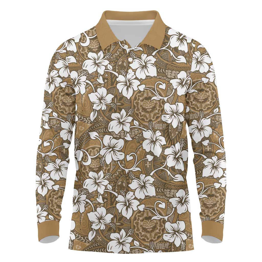 Kuvui Bula Fiji Long Sleeve Polo Shirt Fijian Tapa Seamless Hibiscus LT14 Brown - Polynesian Pride