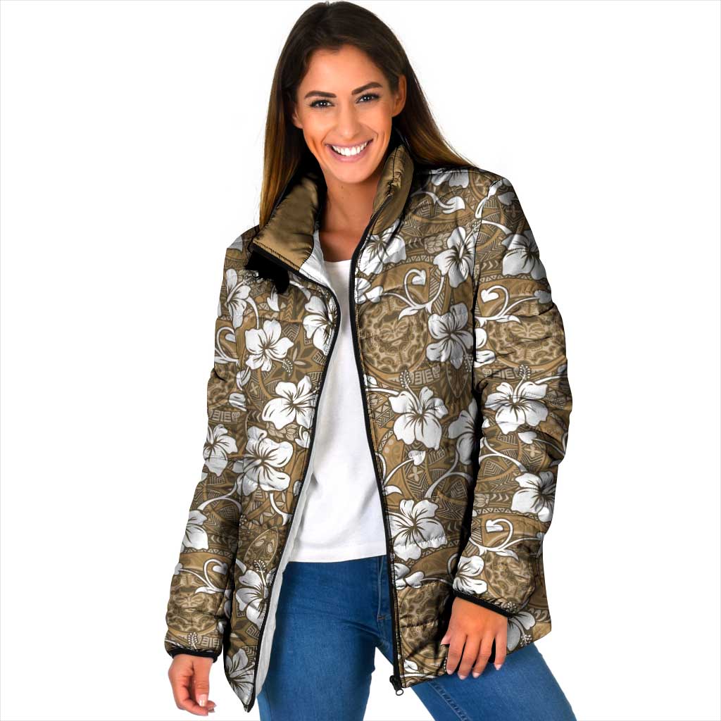 Kuvui Bula Fiji Padded Jacket Fijian Tapa Seamless Hibiscus LT14 Women Brown - Polynesian Pride