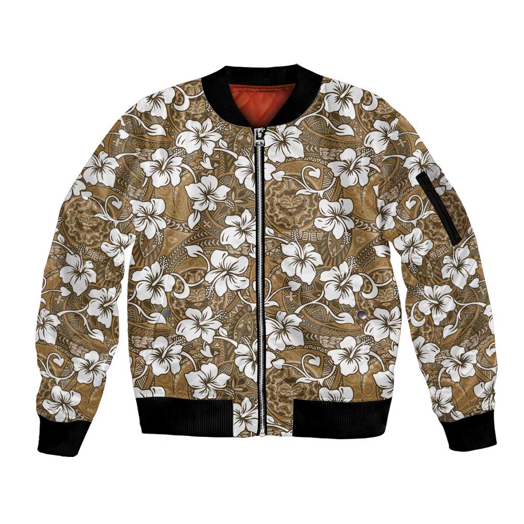 Kuvui Bula Fiji Sleeve Zip Bomber Jacket Fijian Tapa Seamless Hibiscus LT14 Unisex Brown - Polynesian Pride
