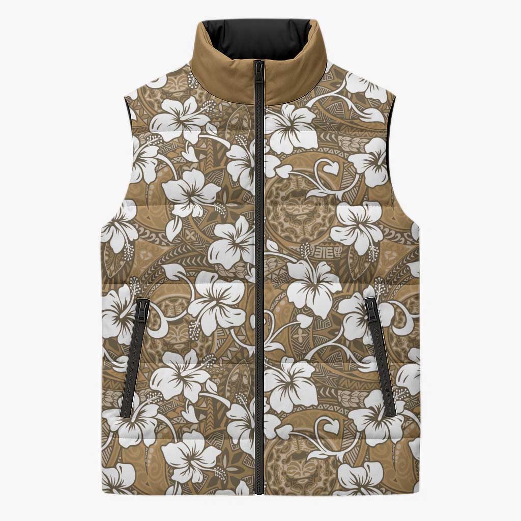Kuvui Bula Fiji Sleeveless Puffer Jacket Fijian Tapa Seamless Hibiscus LT14 Unisex Brown - Polynesian Pride