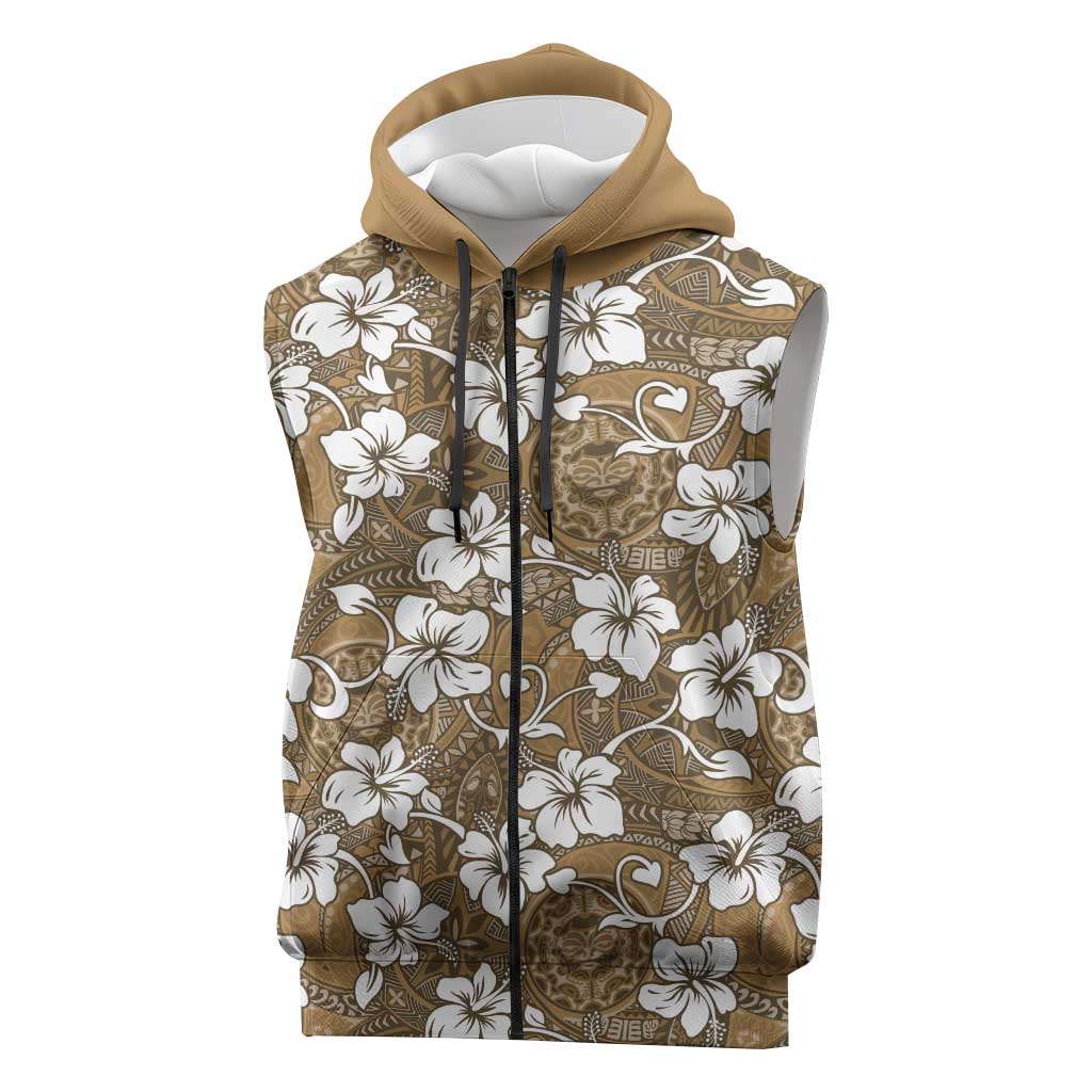 Kuvui Bula Fiji Sleeveless Zip Hoodie Fijian Tapa Seamless Hibiscus LT14 Brown - Polynesian Pride
