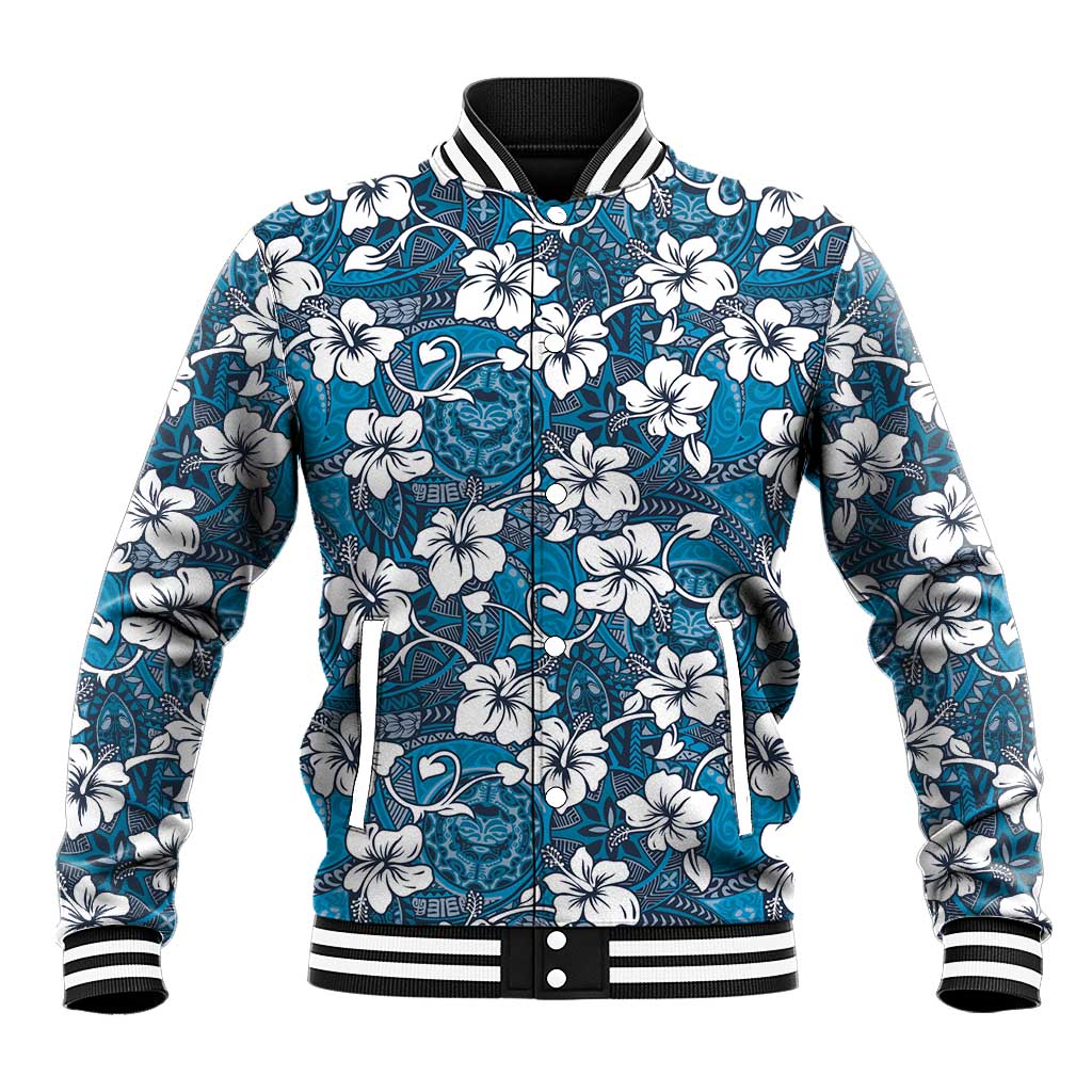 Karakarawa Bula Fiji Baseball Jacket Fijian Tapa Seamless Hibiscus LT14 Unisex Blue - Polynesian Pride