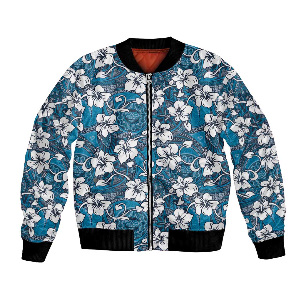 Karakarawa Bula Fiji Bomber Jacket Fijian Tapa Seamless Hibiscus LT14 Unisex Blue - Polynesian Pride