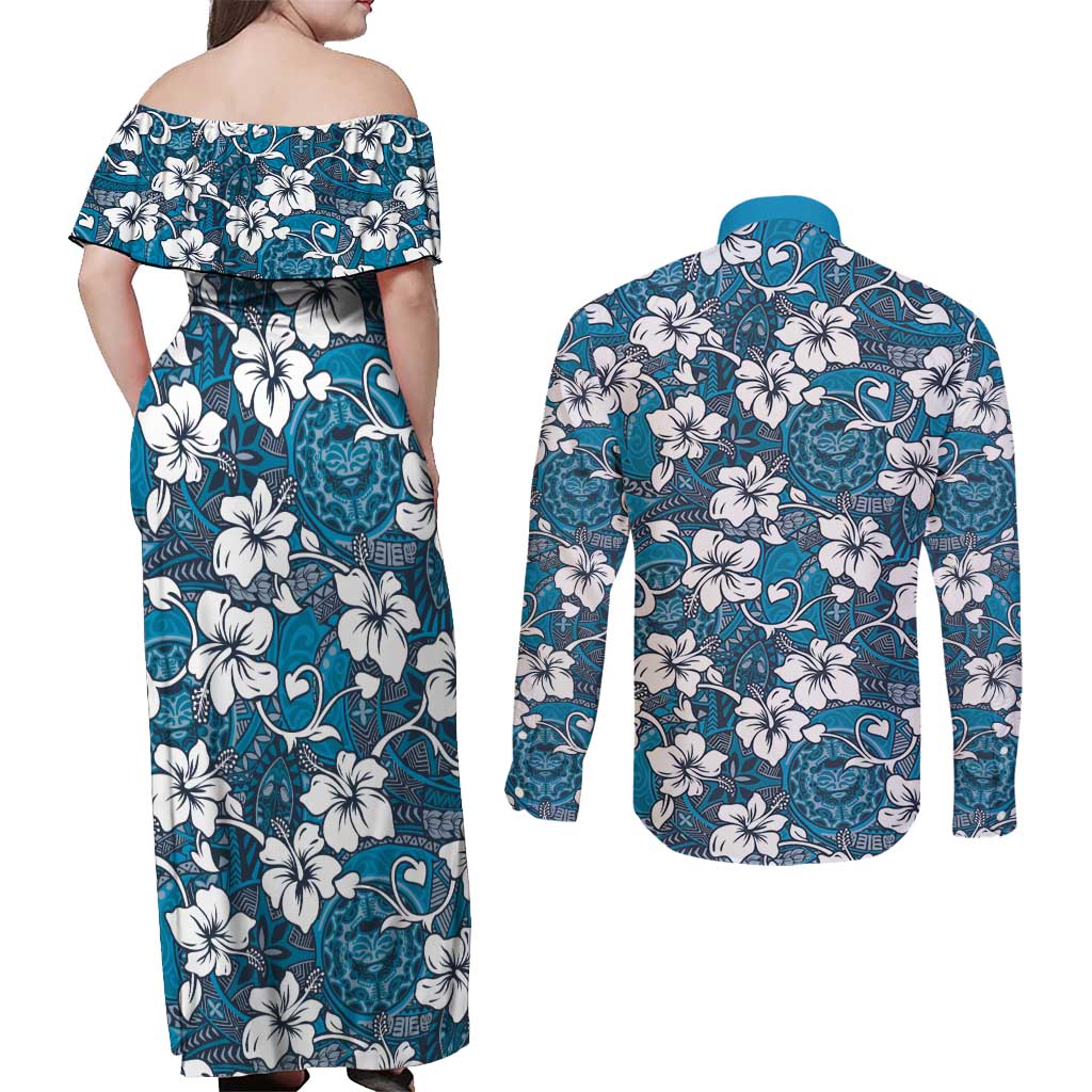Karakarawa Bula Fiji Couples Matching Off Shoulder Maxi Dress and Long Sleeve Button Shirt Fijian Tapa Seamless Hibiscus - Polynesian Pride