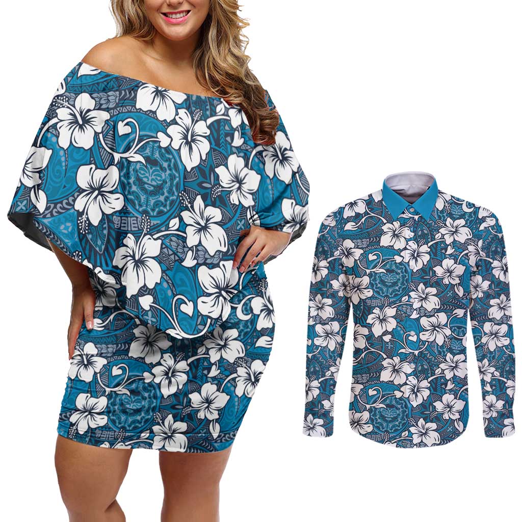 Karakarawa Bula Fiji Couples Matching Off Shoulder Short Dress and Long Sleeve Button Shirt Fijian Tapa Seamless Hibiscus - Polynesian Pride
