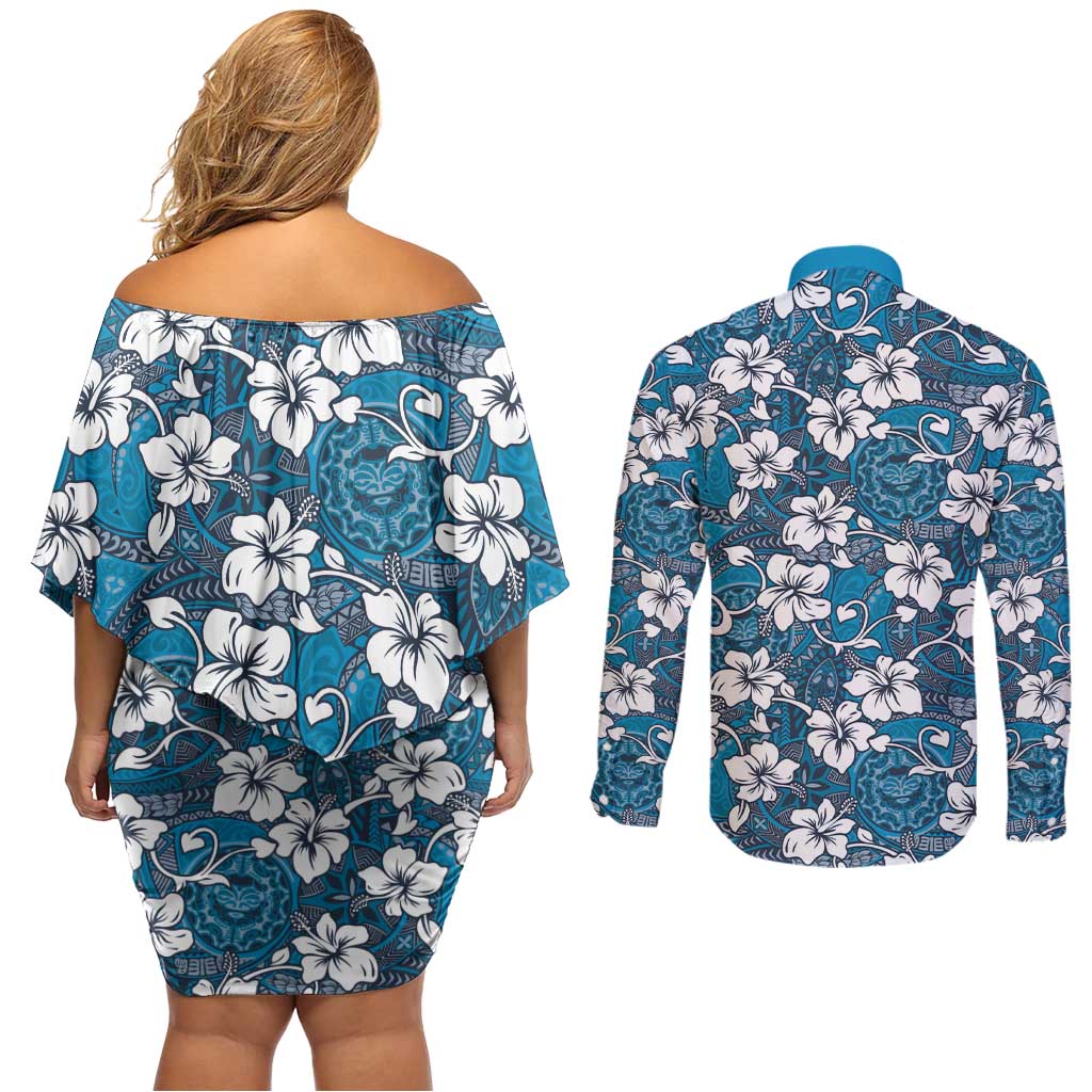Karakarawa Bula Fiji Couples Matching Off Shoulder Short Dress and Long Sleeve Button Shirt Fijian Tapa Seamless Hibiscus - Polynesian Pride