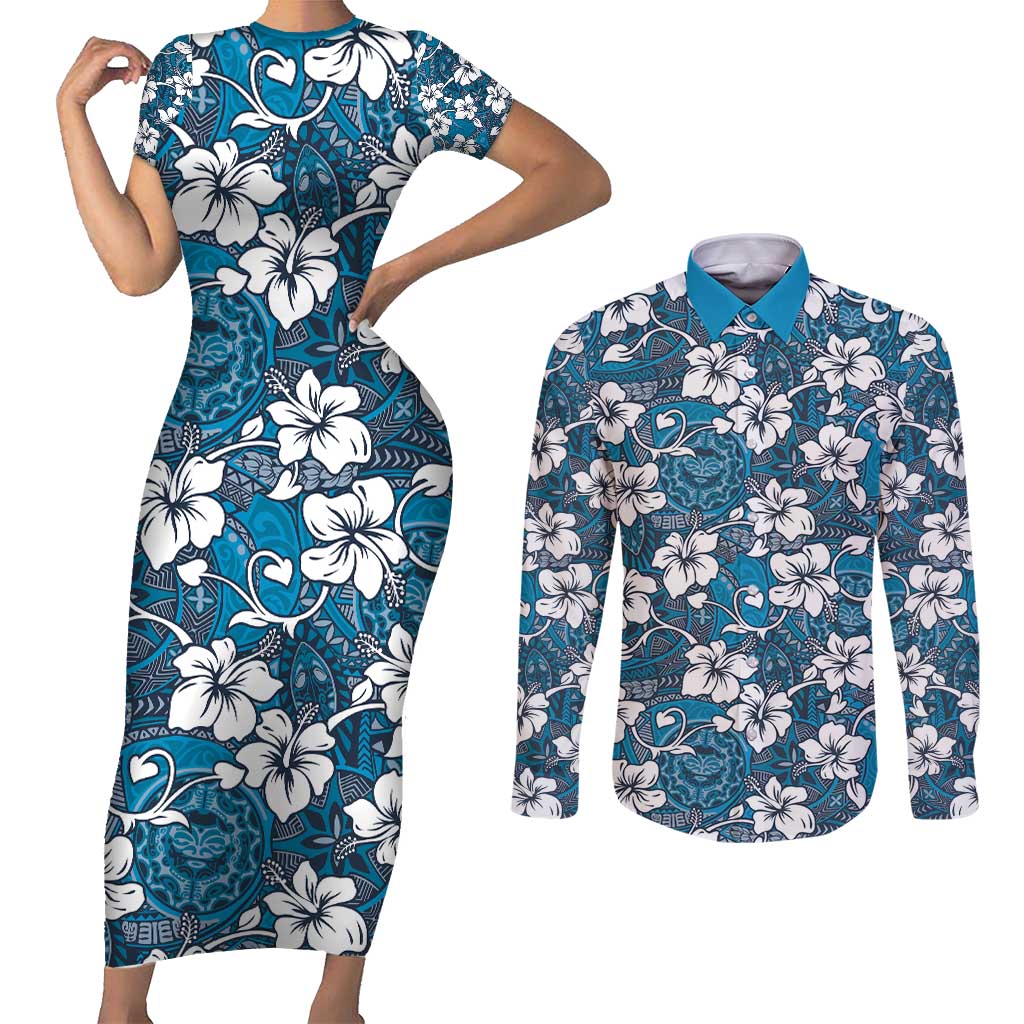 Karakarawa Bula Fiji Couples Matching Short Sleeve Bodycon Dress and Long Sleeve Button Shirt Fijian Tapa Seamless Hibiscus - Polynesian Pride