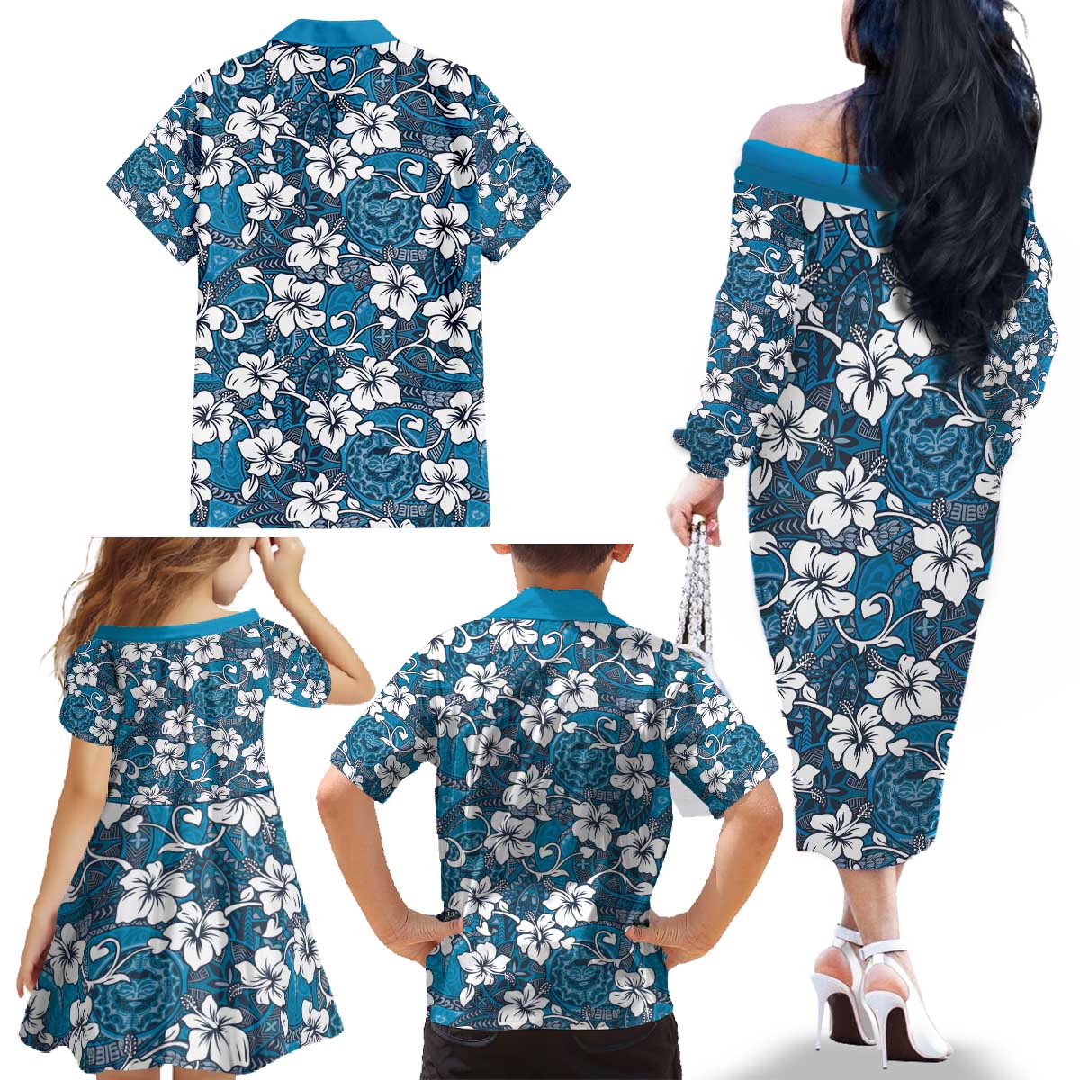 Karakarawa Bula Fiji Family Matching Off The Shoulder Long Sleeve Dress and Hawaiian Shirt Fijian Tapa Seamless Hibiscus - Polynesian Pride