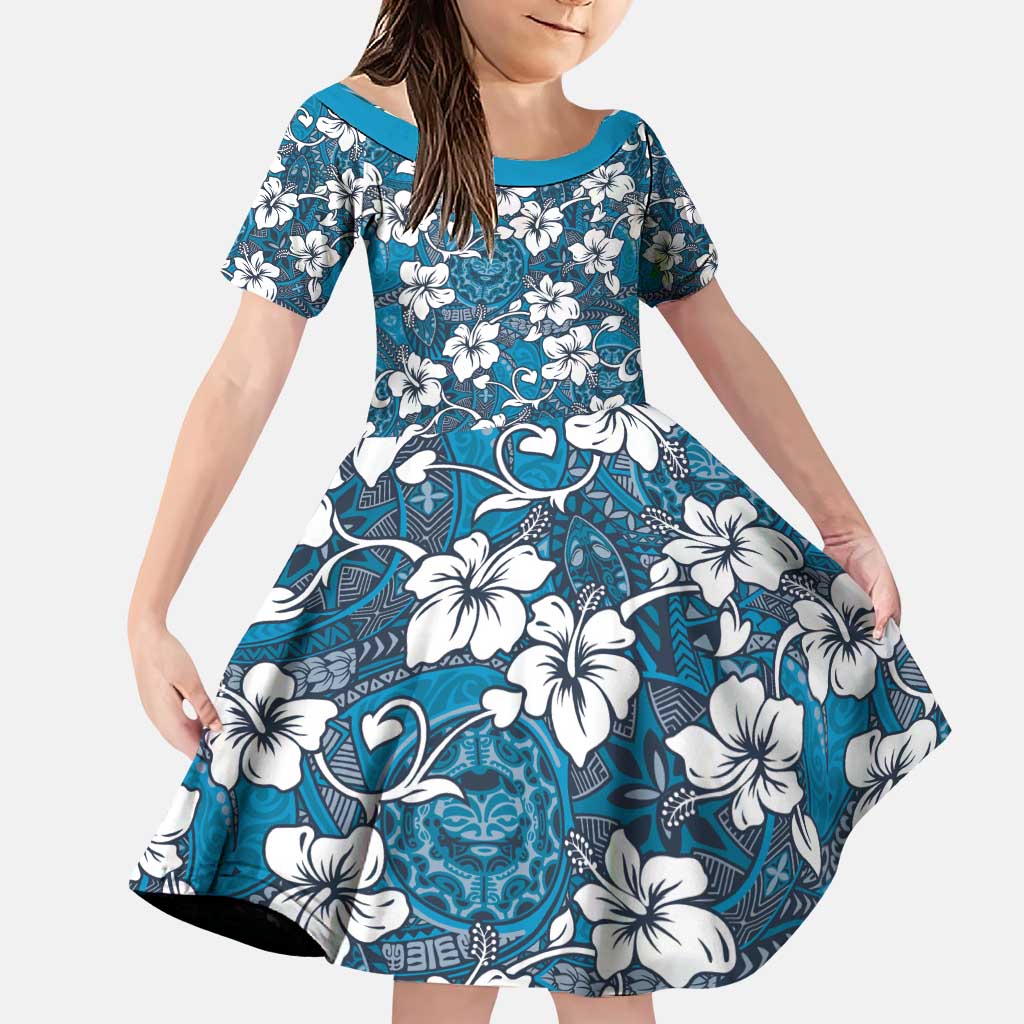 Karakarawa Bula Fiji Family Matching Puletasi and Hawaiian Shirt Fijian Tapa Seamless Hibiscus LT14 Daughter's Dress Blue - Polynesian Pride