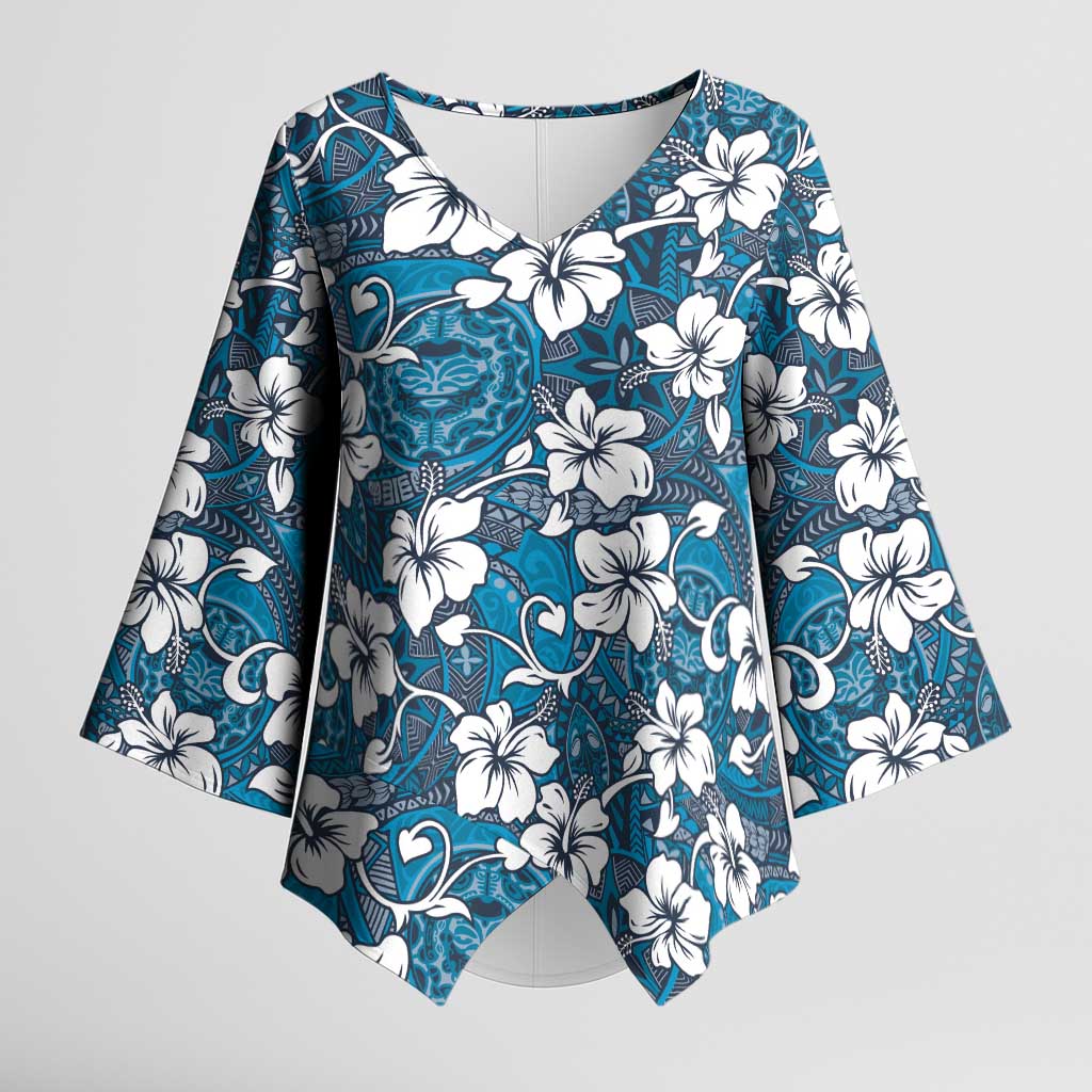 Karakarawa Bula Fiji Kimono Sleeve Blouse Fijian Tapa Seamless Hibiscus LT14 Female Blue - Polynesian Pride