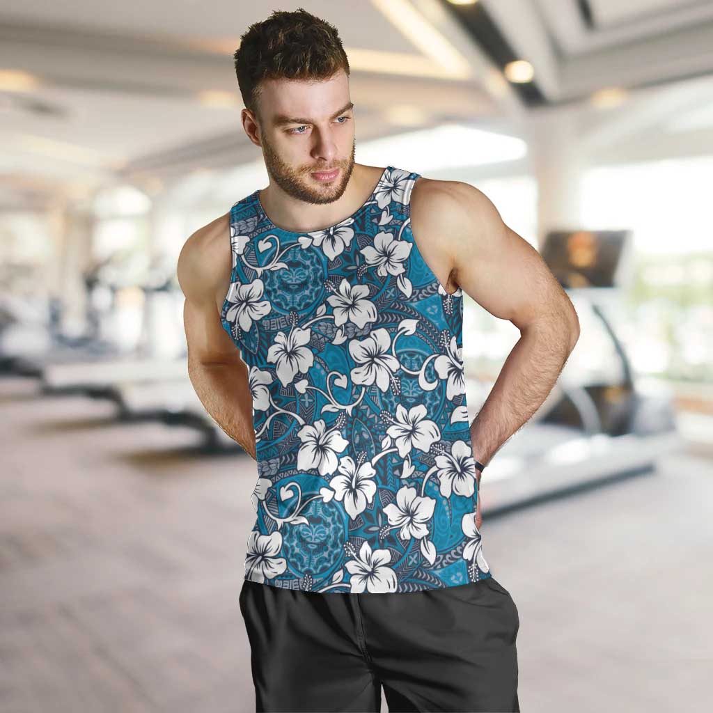 Karakarawa Bula Fiji Men Tank Top Fijian Tapa Seamless Hibiscus LT14 Blue - Polynesian Pride