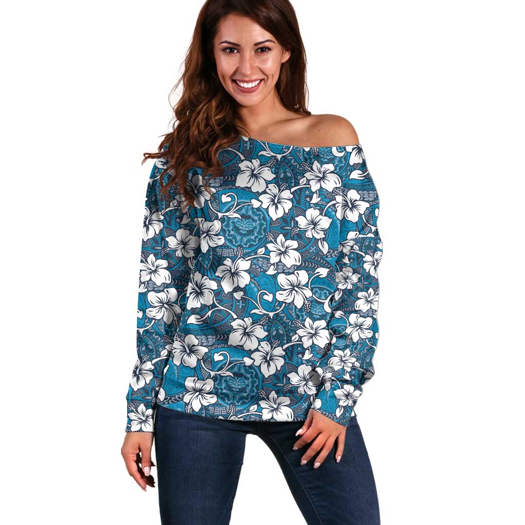 Karakarawa Bula Fiji Off Shoulder Sweater Fijian Tapa Seamless Hibiscus LT14 Women Blue - Polynesian Pride
