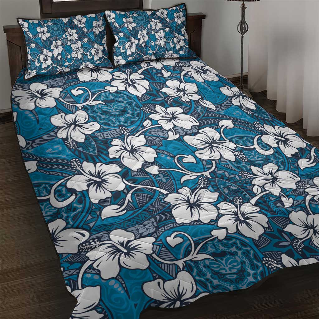 Karakarawa Bula Fiji Quilt Bed Set Fijian Tapa Seamless Hibiscus LT14 Blue - Polynesian Pride