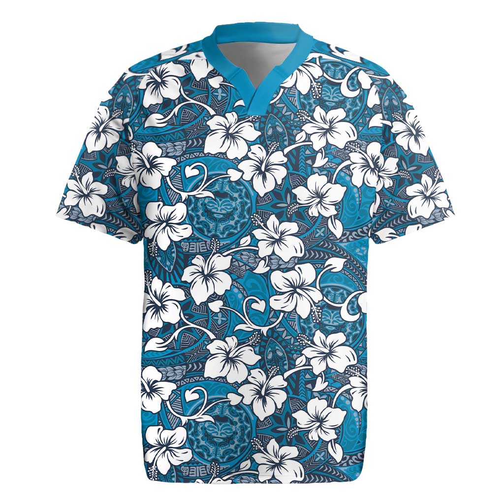 Karakarawa Bula Fiji Rugby Jersey Fijian Tapa Seamless Hibiscus LT14 Blue - Polynesian Pride