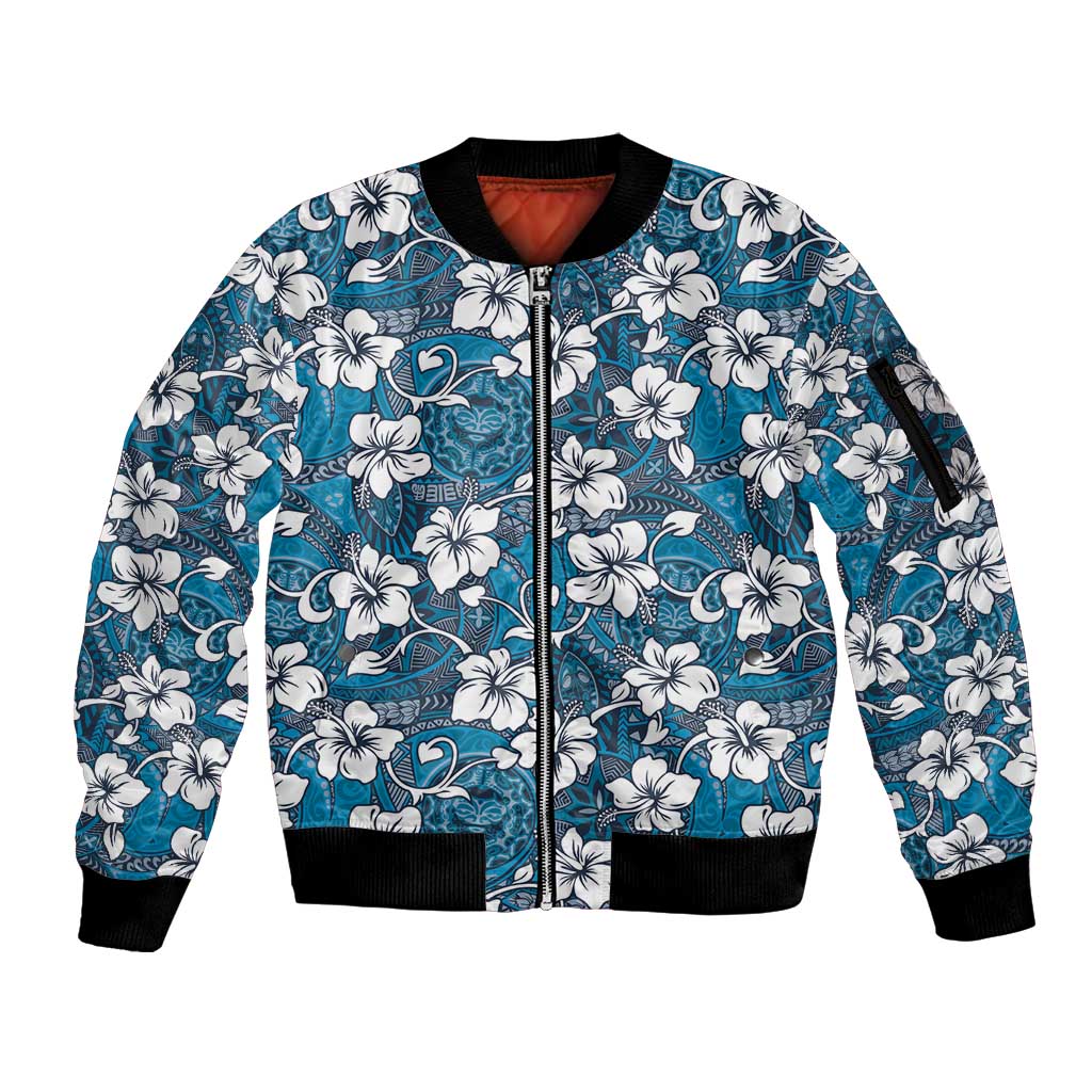 Karakarawa Bula Fiji Sleeve Zip Bomber Jacket Fijian Tapa Seamless Hibiscus LT14 Unisex Blue - Polynesian Pride