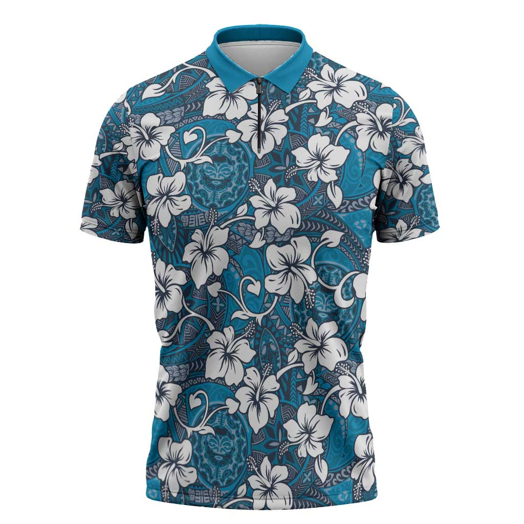 Karakarawa Bula Fiji Zipper Polo Shirt Fijian Tapa Seamless Hibiscus LT14 Blue - Polynesian Pride