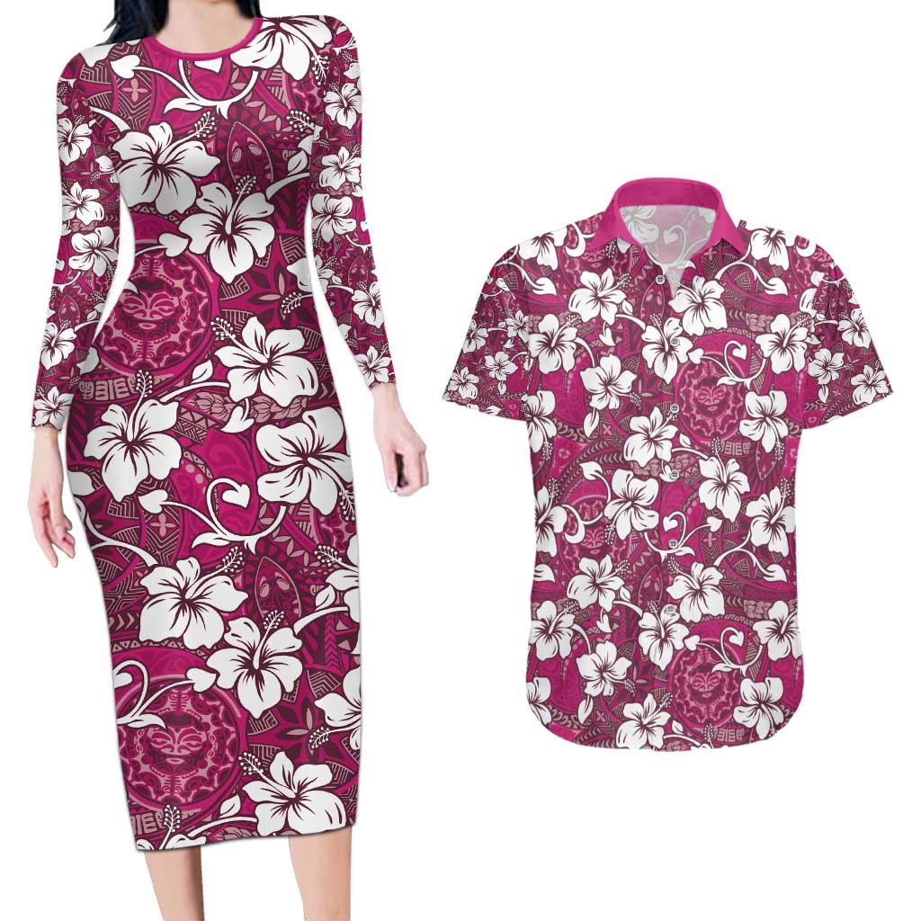 Piqi Bula Fiji Couples Matching Long Sleeve Bodycon Dress and Hawaiian Shirt Fijian Tapa Seamless Hibiscus - Polynesian Pride