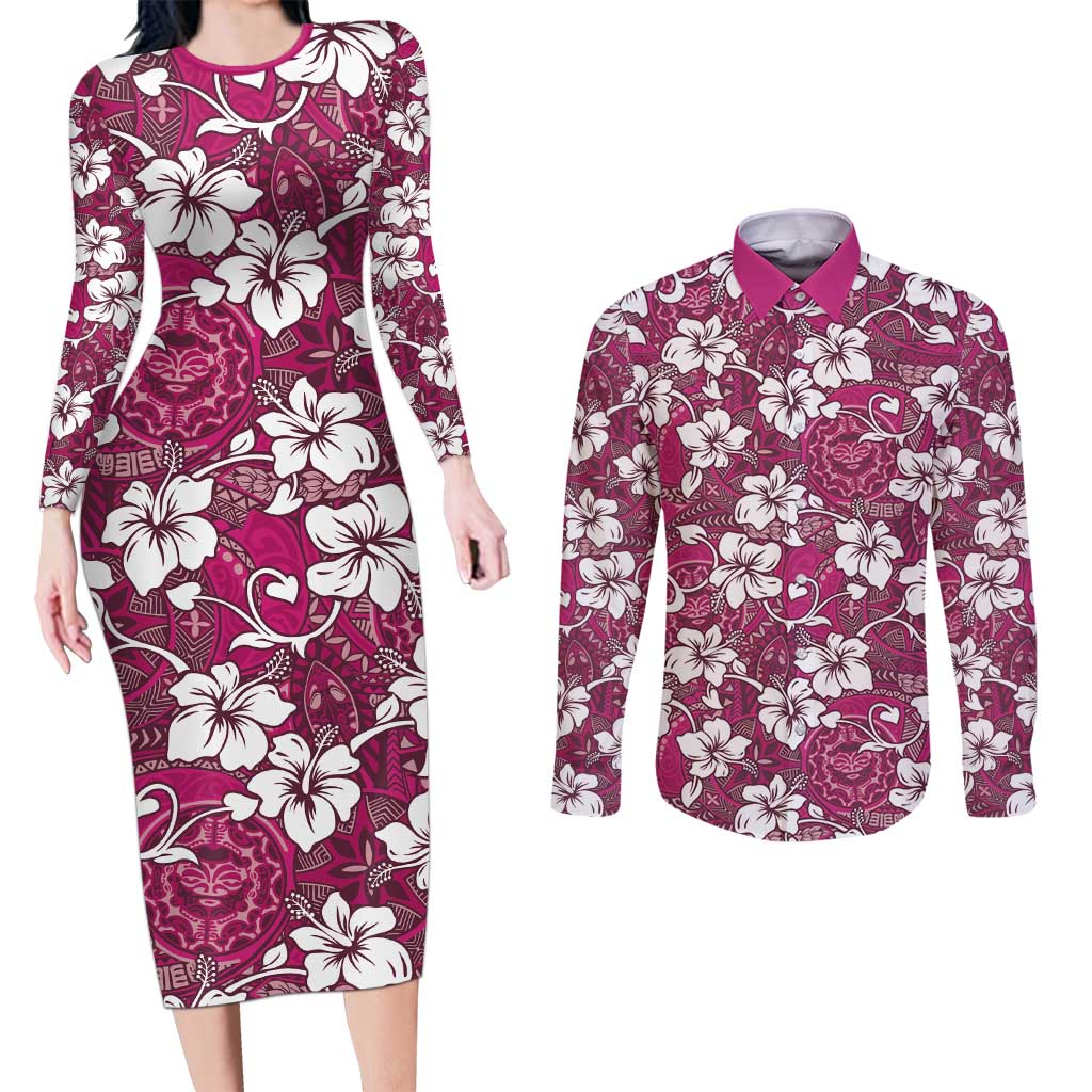 Piqi Bula Fiji Couples Matching Long Sleeve Bodycon Dress and Long Sleeve Button Shirt Fijian Tapa Seamless Hibiscus - Polynesian Pride