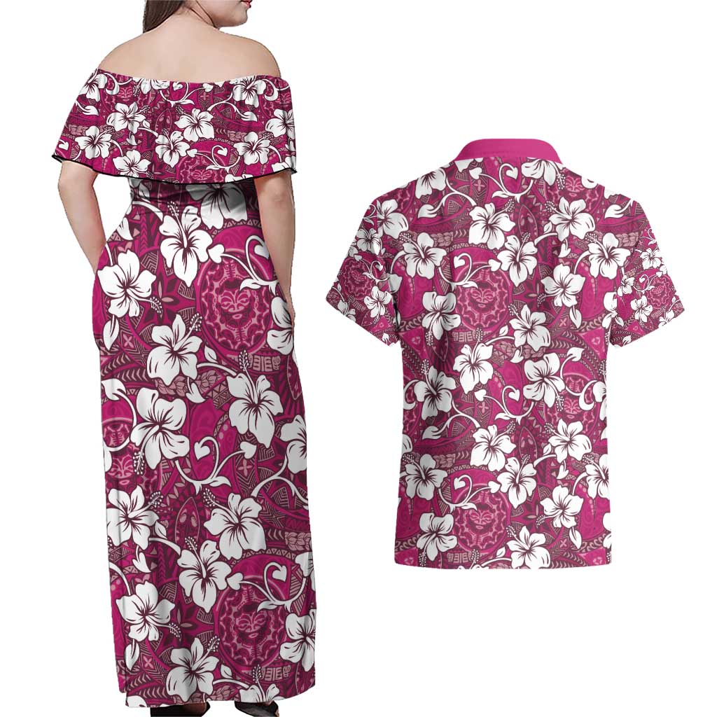 Piqi Bula Fiji Couples Matching Off Shoulder Maxi Dress and Hawaiian Shirt Fijian Tapa Seamless Hibiscus - Polynesian Pride