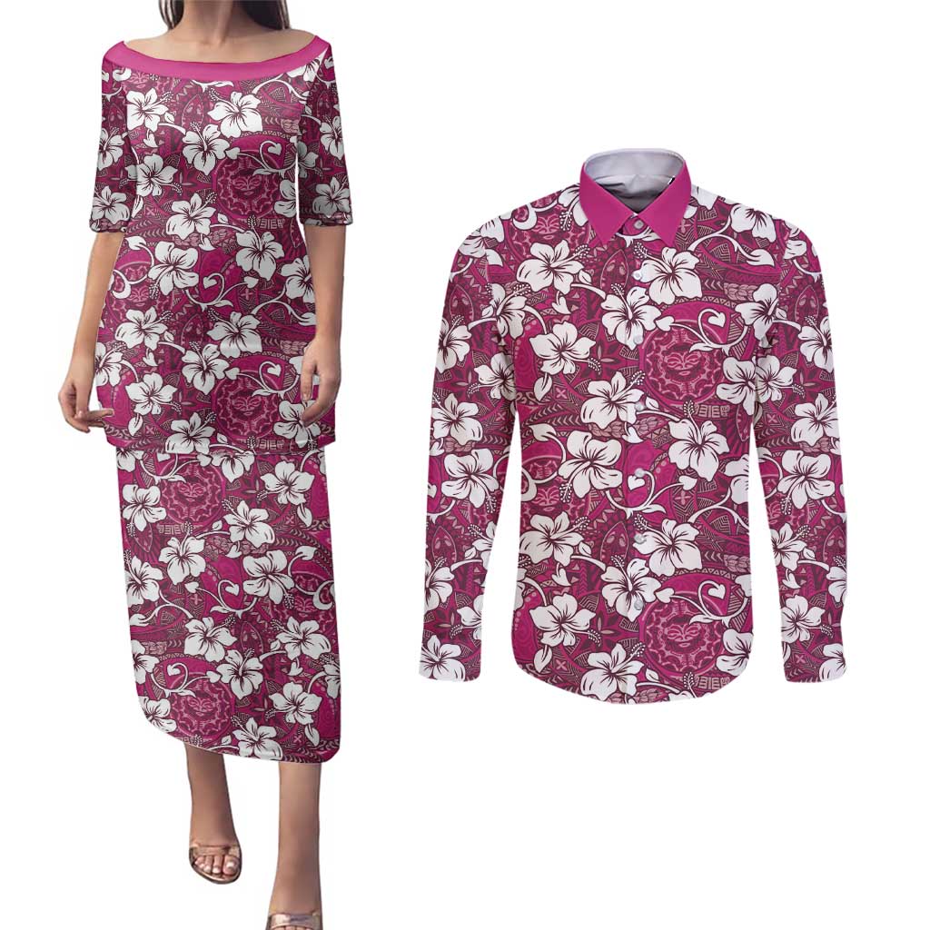 Piqi Bula Fiji Couples Matching Puletasi and Long Sleeve Button Shirt Fijian Tapa Seamless Hibiscus - Polynesian Pride