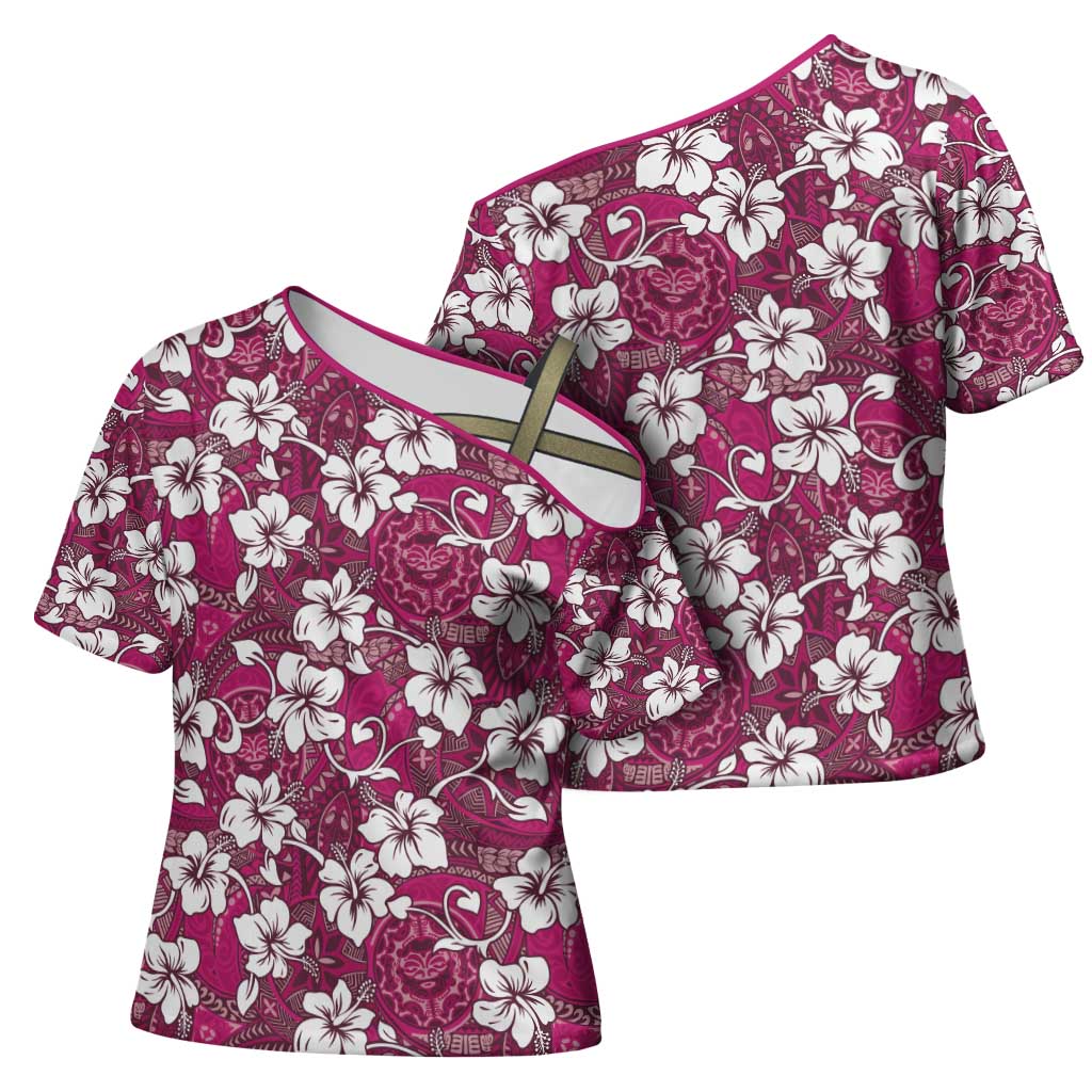 Piqi Bula Fiji Cross Shoulder Shirt Fijian Tapa Seamless Hibiscus - Polynesian Pride