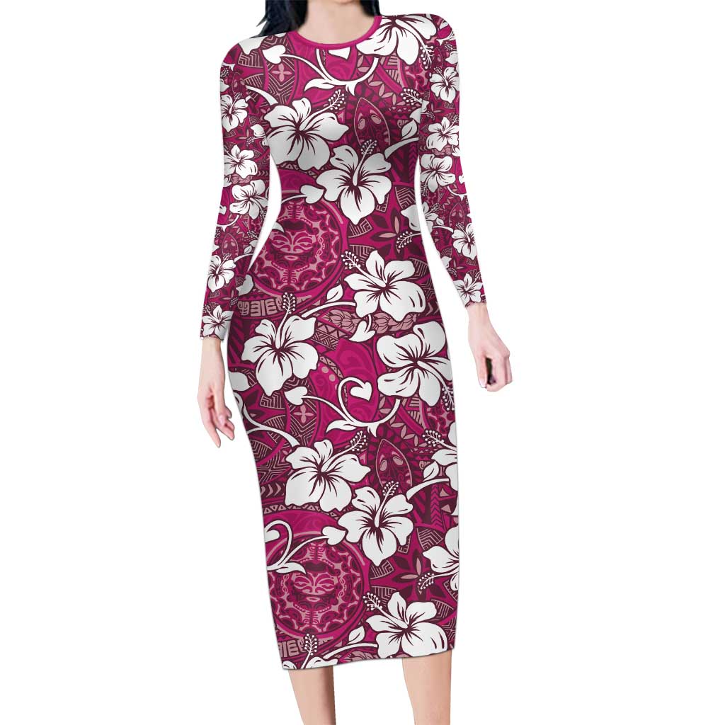 Piqi Bula Fiji Long Sleeve Bodycon Dress Fijian Tapa Seamless Hibiscus - Polynesian Pride