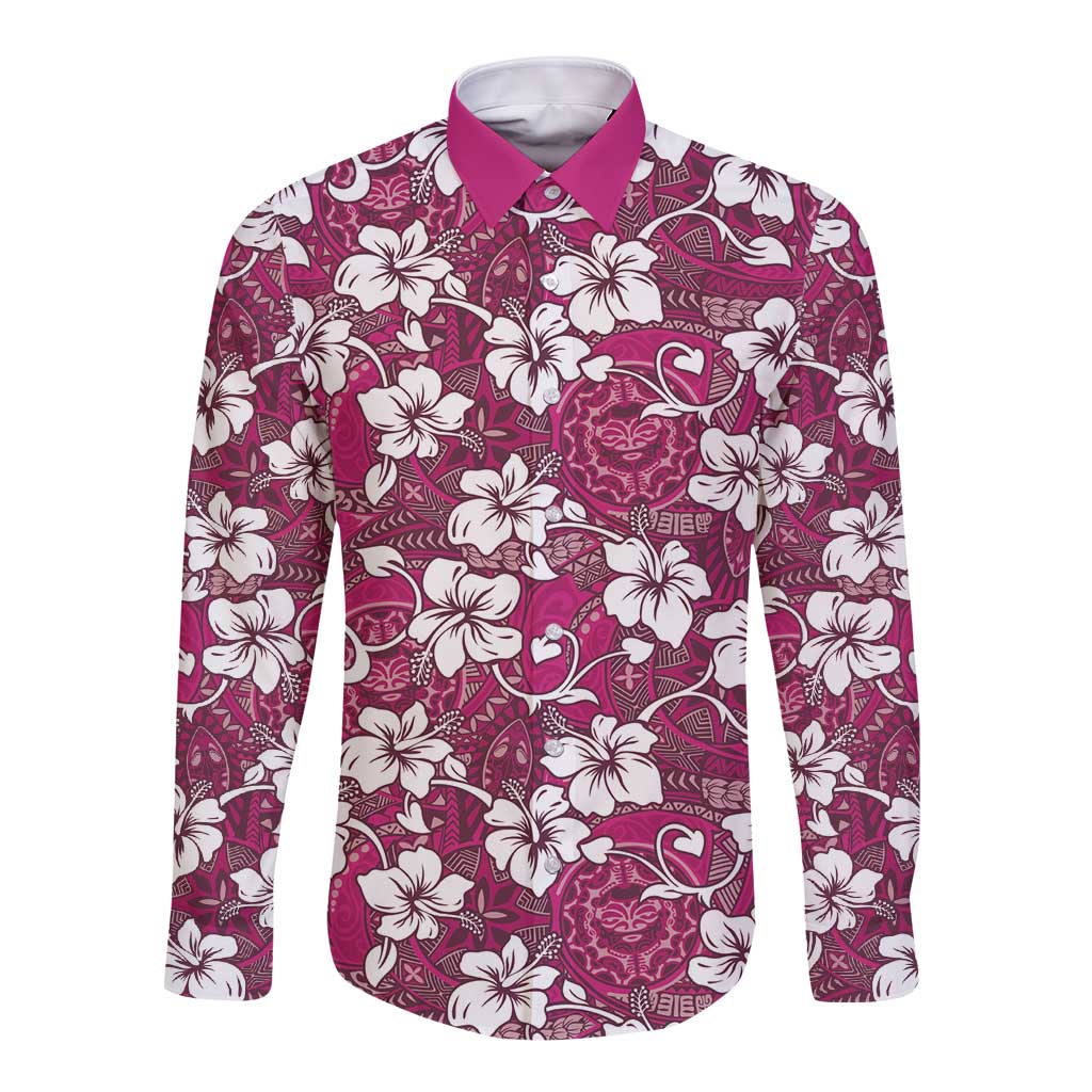Piqi Bula Fiji Long Sleeve Button Shirt Fijian Tapa Seamless Hibiscus LT14 Unisex Pink - Polynesian Pride