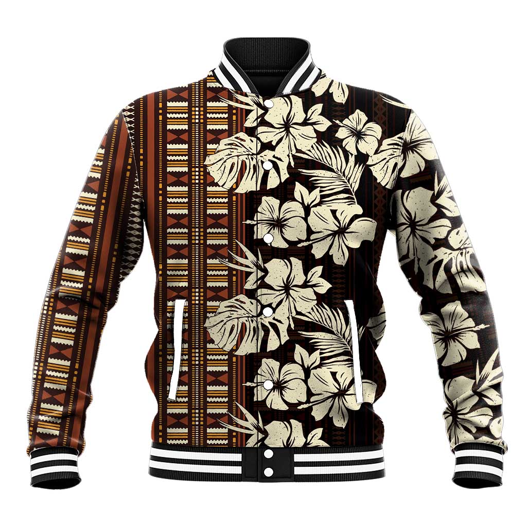 Bula Fiji Masi Baseball Jacket Tapa Tropical Hibiscus Half Stylized LT14 Unisex Brown - Polynesian Pride
