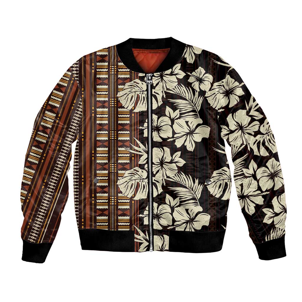 Bula Fiji Masi Bomber Jacket Tapa Tropical Hibiscus Half Stylized LT14 Unisex Brown - Polynesian Pride