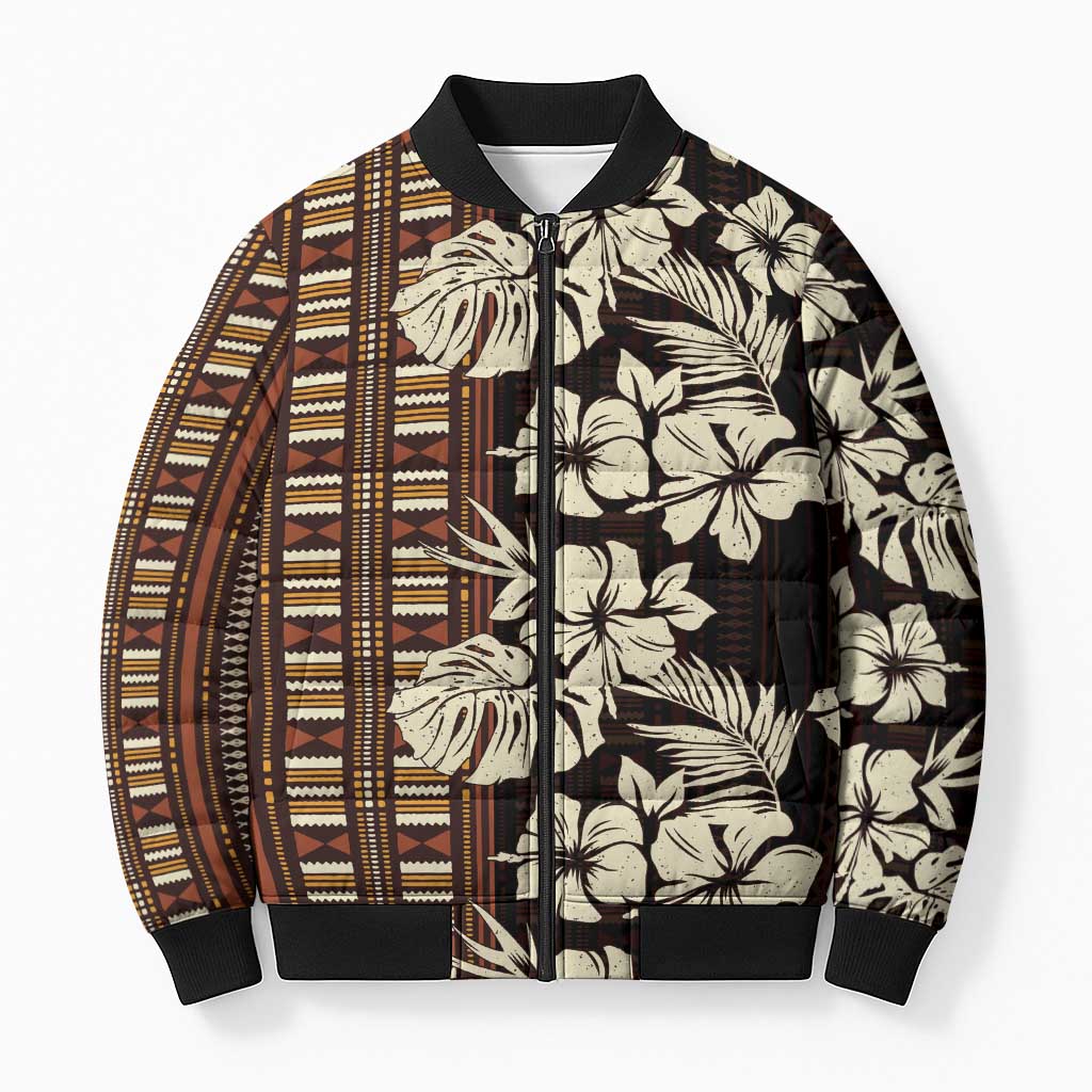 Bula Fiji Masi Bomber Puffer Jacket Tapa Tropical Hibiscus Half Stylized LT14 Unisex Brown - Polynesian Pride
