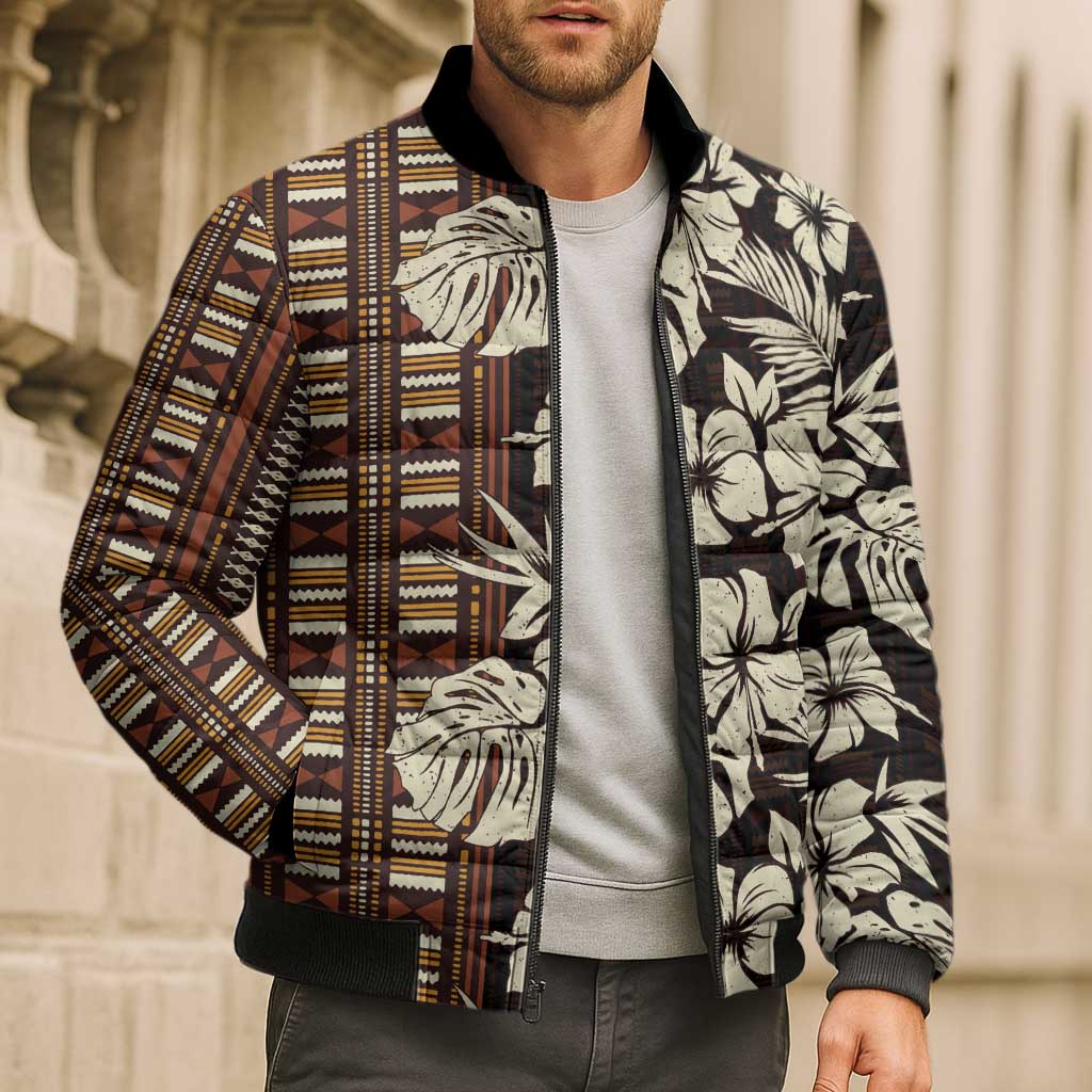 Bula Fiji Masi Bomber Puffer Jacket Tapa Tropical Hibiscus Half Stylized LT14 - Polynesian Pride