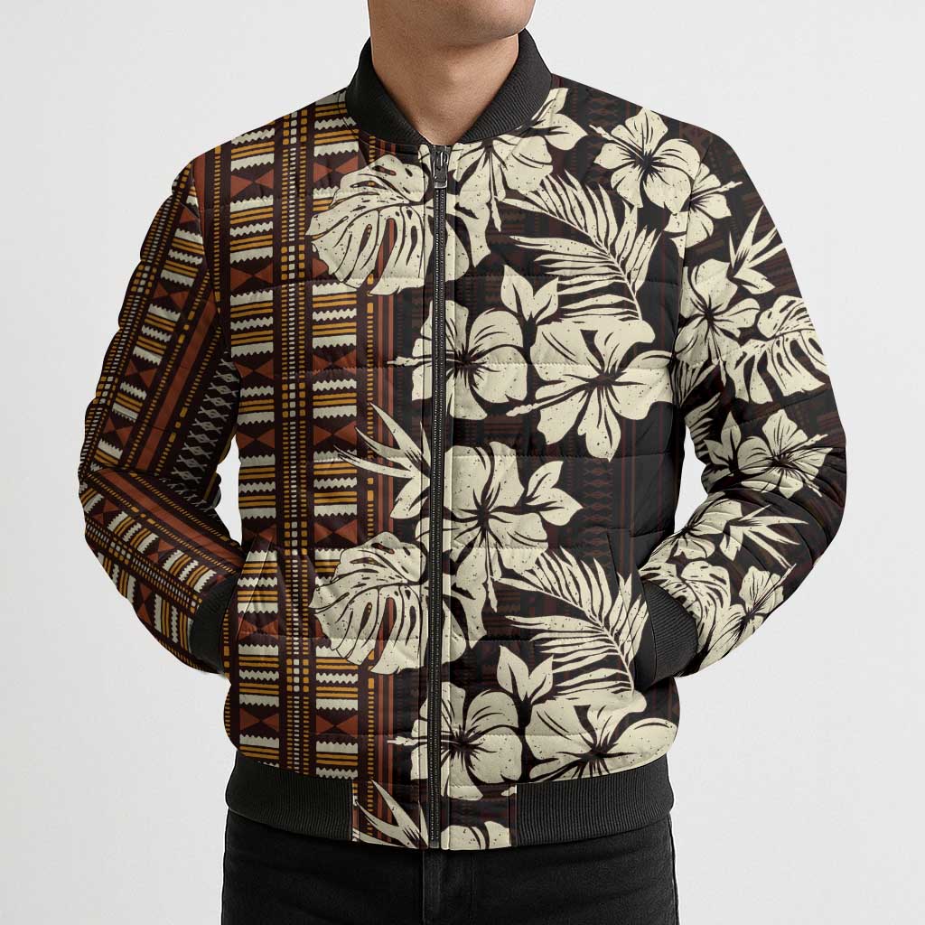 Bula Fiji Masi Bomber Puffer Jacket Tapa Tropical Hibiscus Half Stylized LT14 - Polynesian Pride