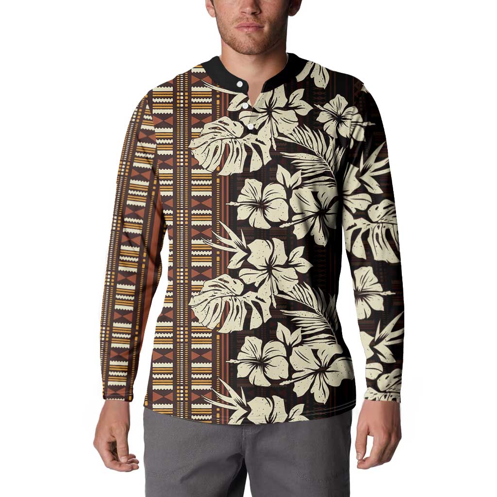 Bula Fiji Masi Button Sweatshirt Tapa Tropical Hibiscus Half Stylized LT14 - Polynesian Pride
