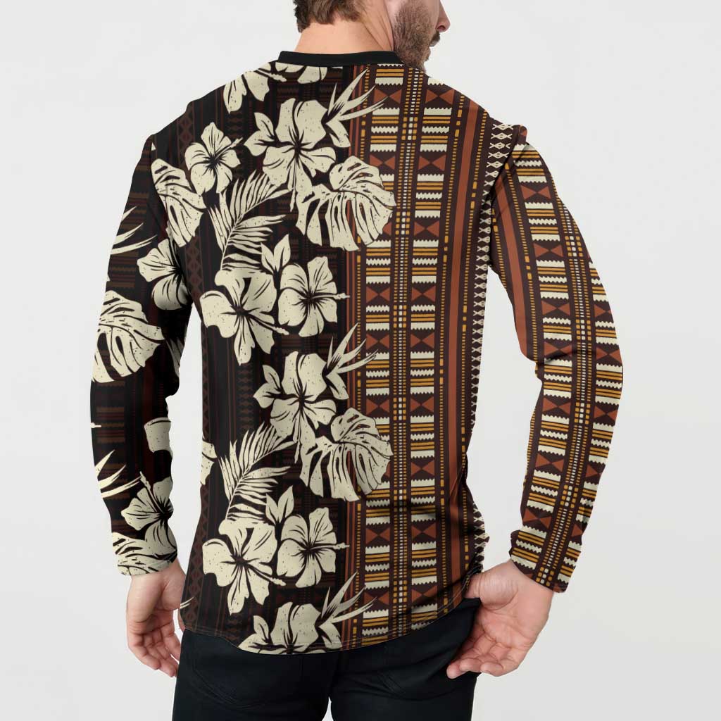 Bula Fiji Masi Button Sweatshirt Tapa Tropical Hibiscus Half Stylized LT14 - Polynesian Pride