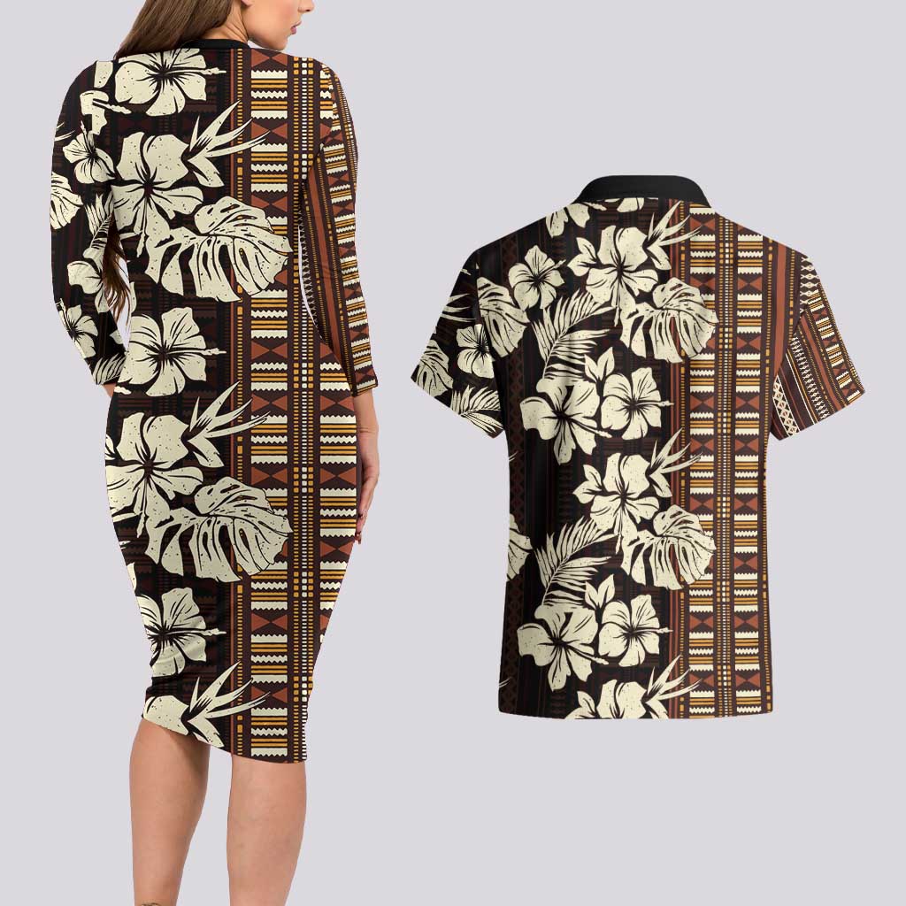 Bula Fiji Masi Couples Matching Long Sleeve Bodycon Dress and Hawaiian Shirt Tapa Tropical Hibiscus Half Stylized - Polynesian Pride