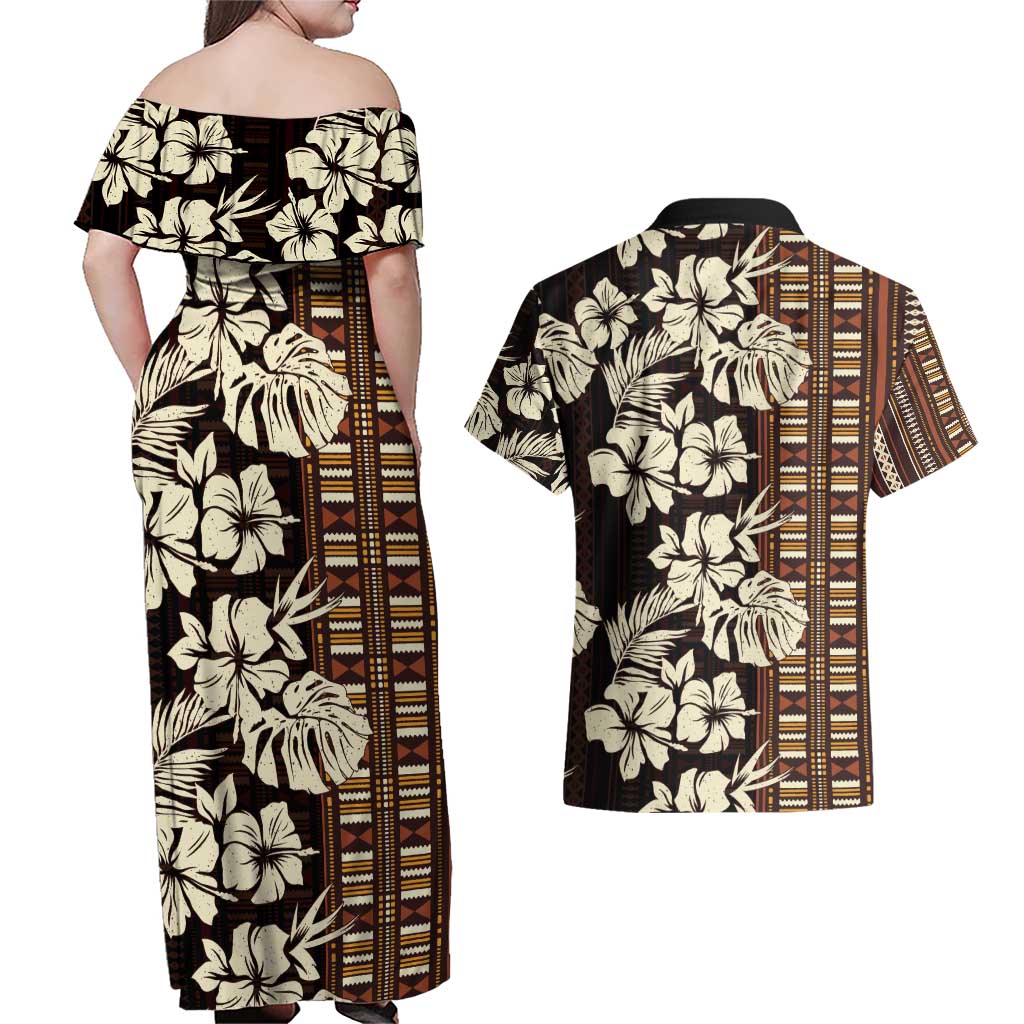 Bula Fiji Masi Couples Matching Off Shoulder Maxi Dress and Hawaiian Shirt Tapa Tropical Hibiscus Half Stylized - Polynesian Pride