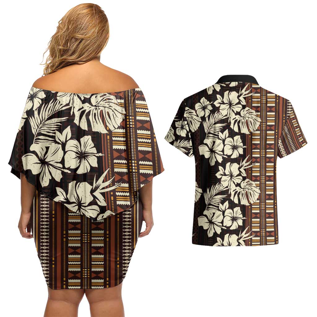 Bula Fiji Masi Couples Matching Off Shoulder Short Dress and Hawaiian Shirt Tapa Tropical Hibiscus Half Stylized - Polynesian Pride
