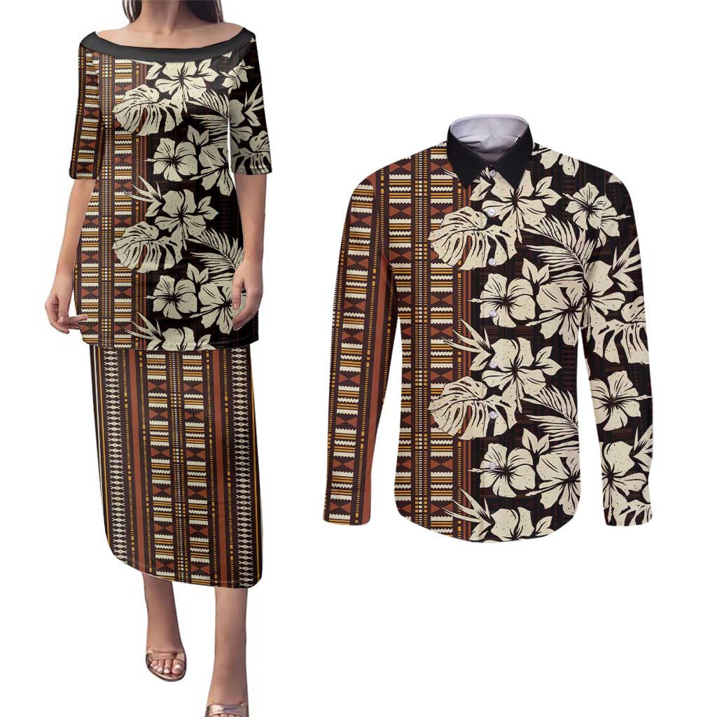 Bula Fiji Masi Couples Matching Puletasi and Long Sleeve Button Shirt Tapa Tropical Hibiscus Half Stylized LT14 Brown - Polynesian Pride
