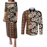 Bula Fiji Masi Couples Matching Puletasi and Long Sleeve Button Shirt Tapa Tropical Hibiscus Half Stylized LT14 Brown - Polynesian Pride