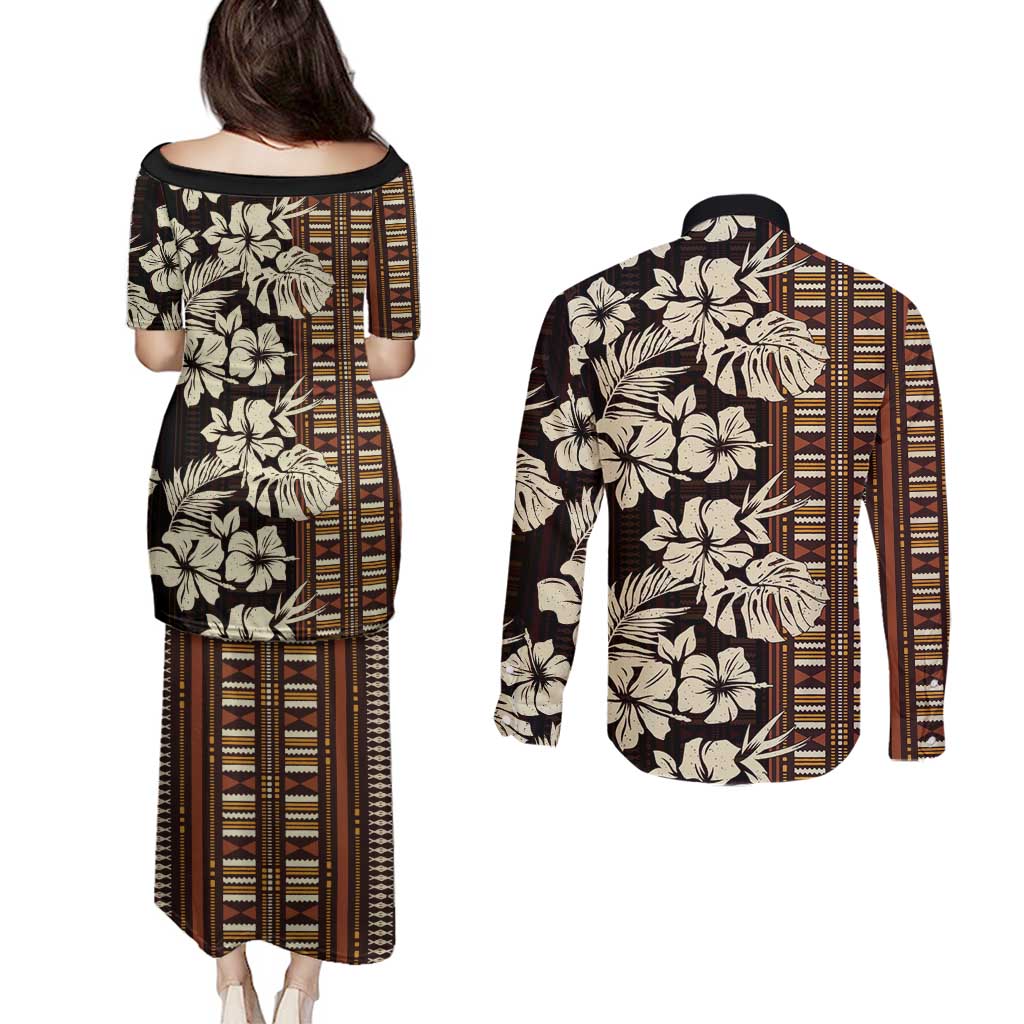Bula Fiji Masi Couples Matching Puletasi and Long Sleeve Button Shirt Tapa Tropical Hibiscus Half Stylized LT14 - Polynesian Pride