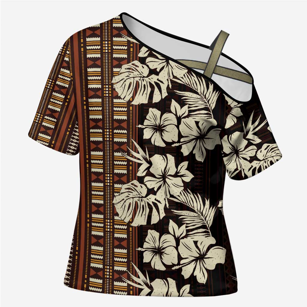 Bula Fiji Masi Cross Shoulder Shirt Tapa Tropical Hibiscus Half Stylized LT14 Female Brown - Polynesian Pride