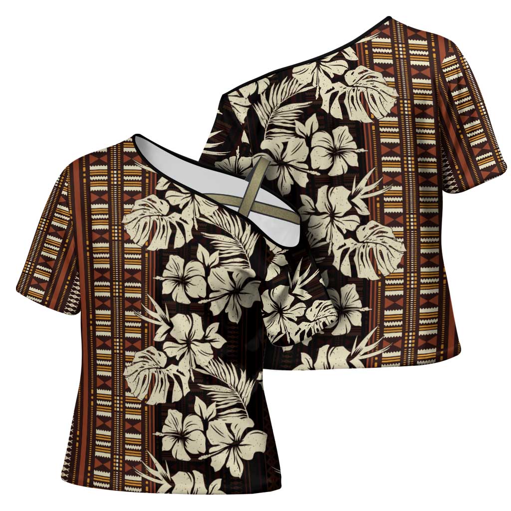 Bula Fiji Masi Cross Shoulder Shirt Tapa Tropical Hibiscus Half Stylized LT14 - Polynesian Pride