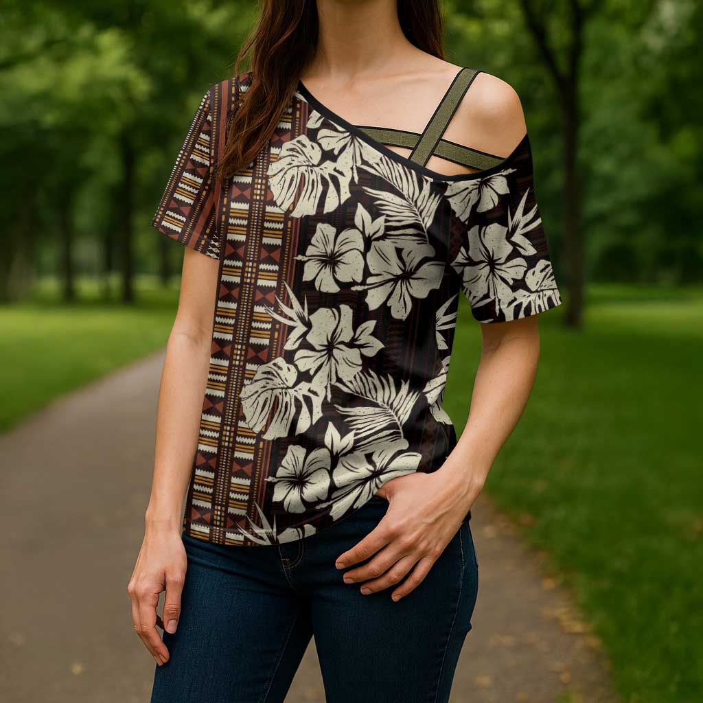 Bula Fiji Masi Cross Shoulder Shirt Tapa Tropical Hibiscus Half Stylized LT14 - Polynesian Pride