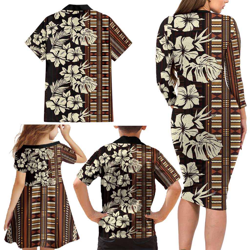 Bula Fiji Masi Family Matching Long Sleeve Bodycon Dress and Hawaiian Shirt Tapa Tropical Hibiscus Half Stylized - Polynesian Pride