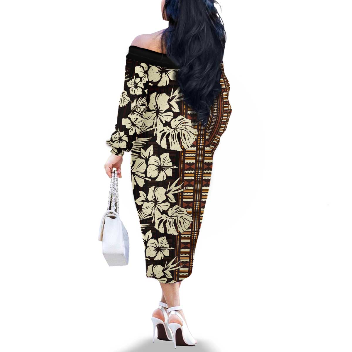 Bula Fiji Masi Family Matching Off The Shoulder Long Sleeve Dress and Hawaiian Shirt Tapa Tropical Hibiscus Half Stylized - Polynesian Pride