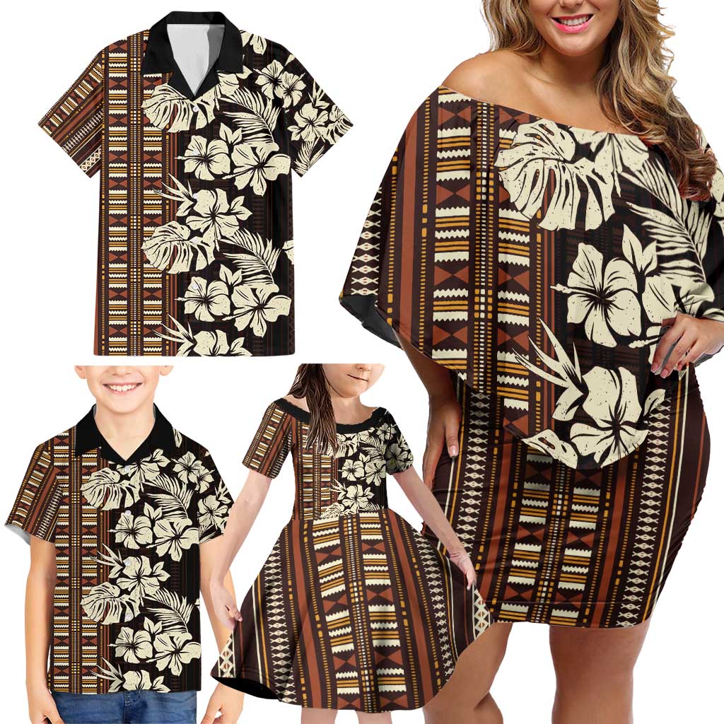 Bula Fiji Masi Family Matching Off Shoulder Short Dress and Hawaiian Shirt Tapa Tropical Hibiscus Half Stylized - Polynesian Pride
